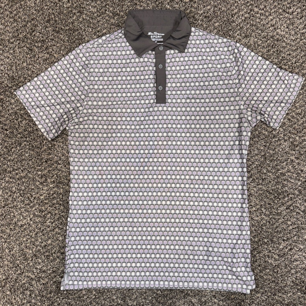 Ben Sherman Sport Mens Small Grey Purple Geometric Performance Golf Polo Shirt